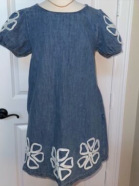 La Lavon Denim Floral Appliqué Puff Sleeve Mini Dress Blue M